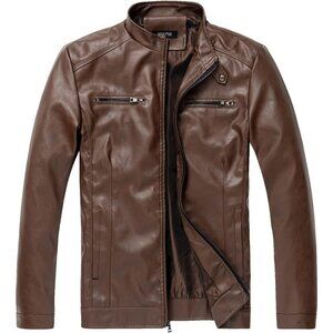 Men’s Brown WULFUL Stand Collar Faux Leather Motorcycle Lightweight Jacket